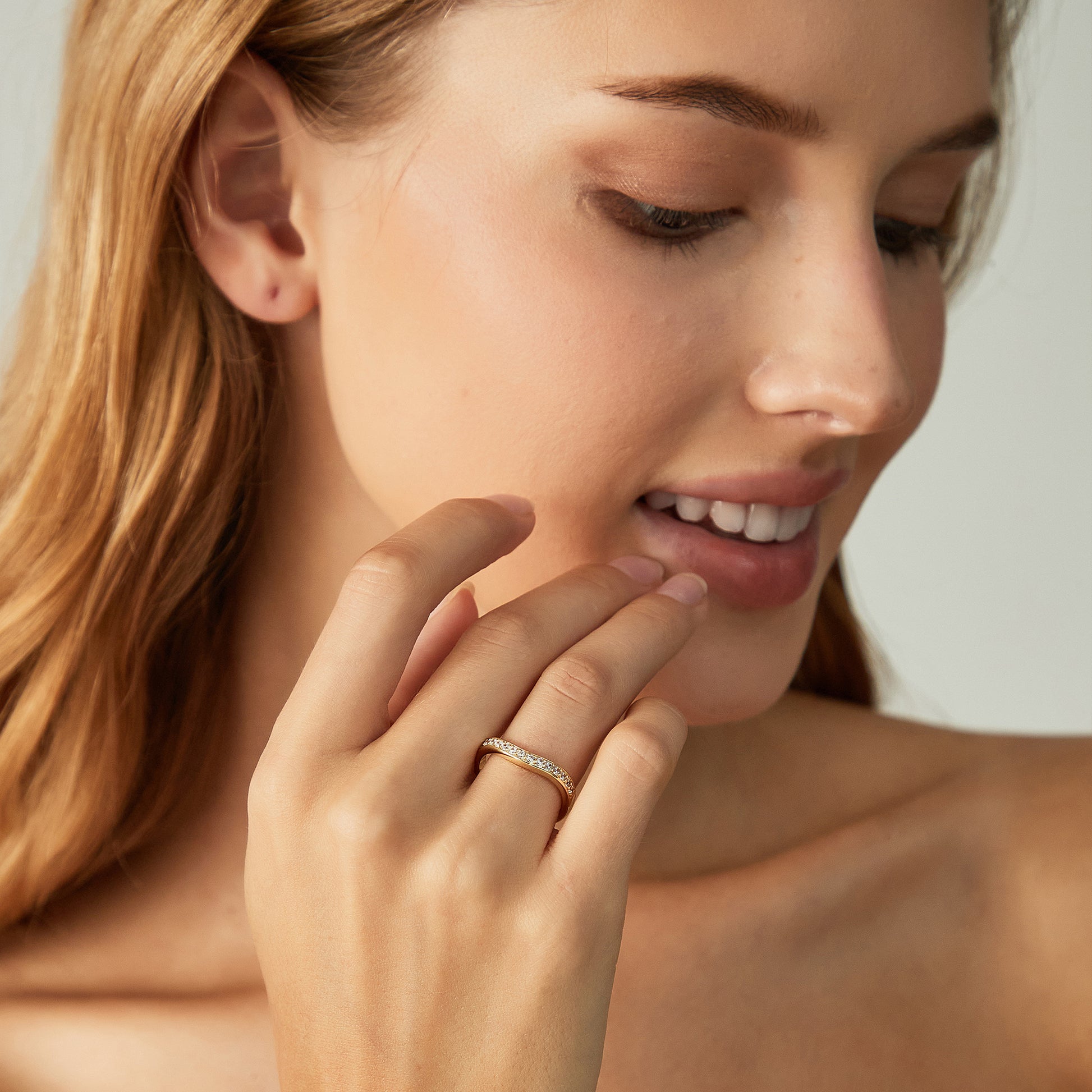 cubic zirconia rings, curved band, curved engagement rings, gold wedding band, fake diamond rings, travel ring, stackable ring, half eternity wedding band, affordable jewelry