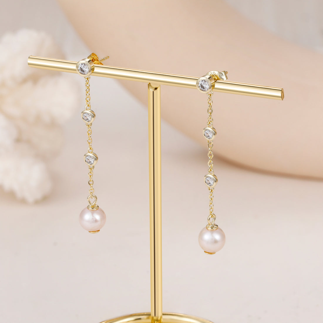 gold pearl drop earrings, pearl dangle earrings, s925 dangle earrings