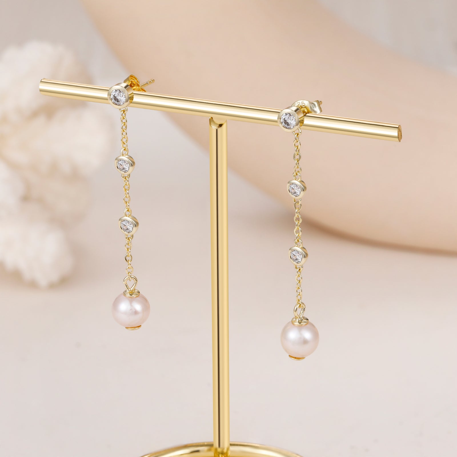 gold pearl drop earrings, pearl dangle earrings, s925 dangle earrings