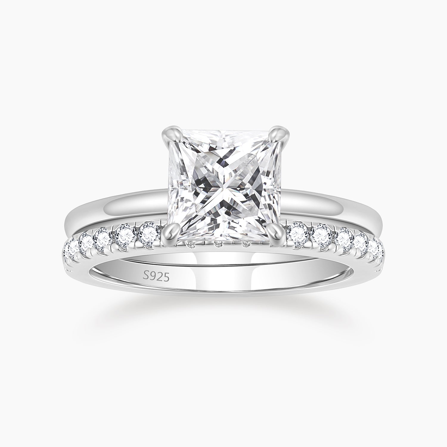 fake bridal set rings, princess cut ring, travel ring under $50, cheap wedding ring sets, silver cz ring, stackable ring, half eternity ring