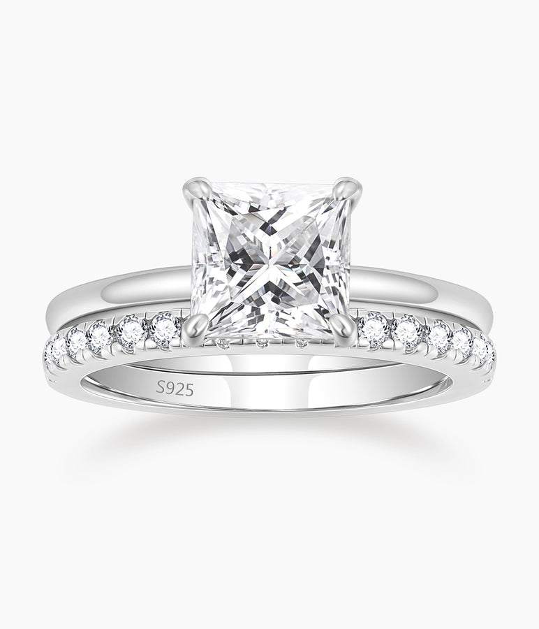 fake bridal set rings, princess cut ring, travel ring under $50, cheap wedding ring sets, silver cz ring, stackable ring, half eternity ring