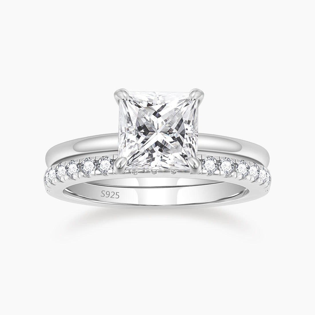 fake bridal set rings, princess cut ring, travel ring under $50, cheap wedding ring sets, silver cz ring, stackable ring, half eternity ring