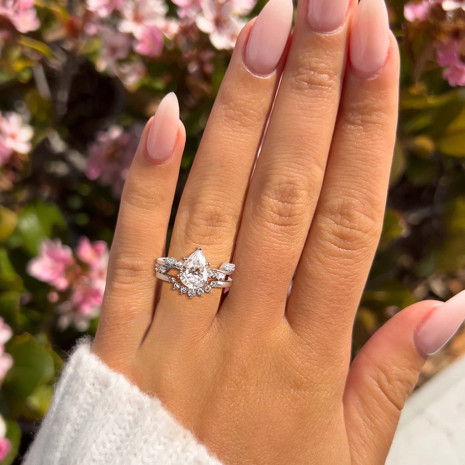 fake bridal set rings, pear cut ring, cubic zirconia ring, sterling silver ring, crown ring, affordable jewelry, cheap wedding ring sets