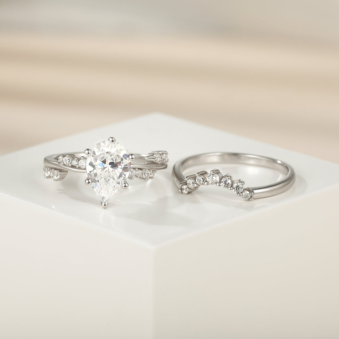 fake bridal set rings, pear cut ring, cubic zirconia ring, sterling silver ring, crown ring, cubic zirconia engagement ring, affordable jewelry, travel ring, CZ Stones, cheap wedding ring sets