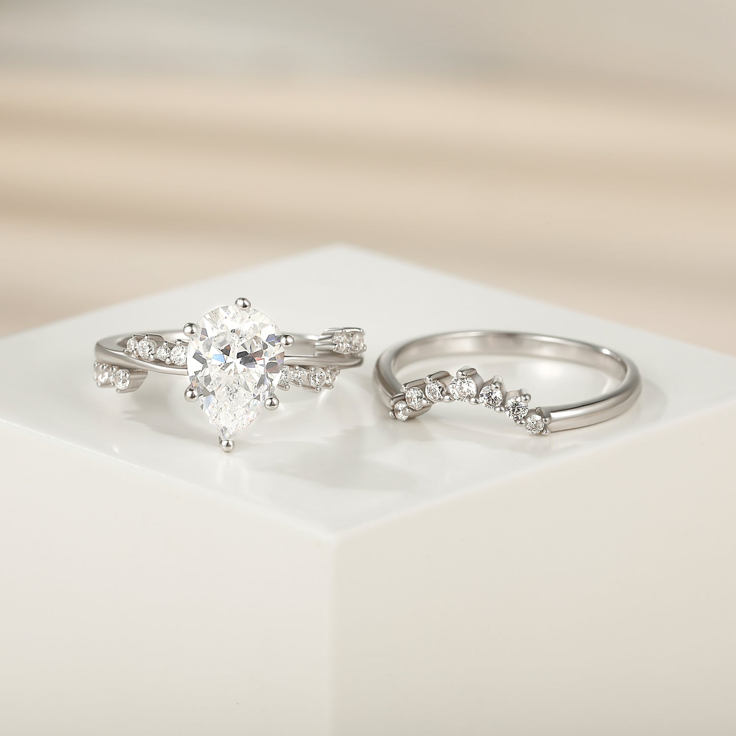 fake bridal set rings, pear cut ring, cubic zirconia ring, sterling silver ring, crown ring, cubic zirconia engagement ring, affordable jewelry, travel ring, CZ Stones, cheap wedding ring sets