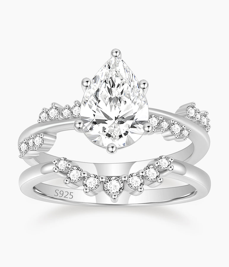 fake bridal set rings, pear cut ring, cubic zirconia ring, sterling silver ring, crown ring, cubic zirconia engagement ring, affordable jewelry, travel ring, CZ Stones, cheap wedding ring sets