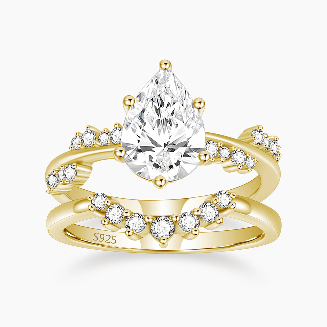 gold wedding band sets, fake bridal set rings, pear cut ring, cubic zirconia ring, sterling silver ring, crown ring, CZ Stones, cheap wedding ring sets