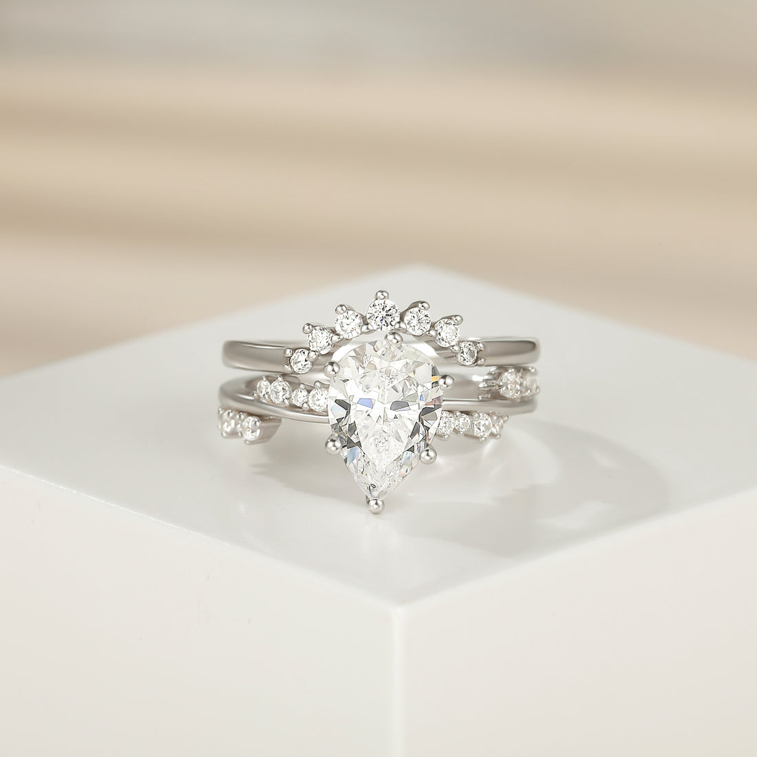 fake bridal set rings, pear cut ring, cubic zirconia ring, sterling silver ring, crown ring, cubic zirconia engagement ring, affordable jewelry, travel ring, CZ Stones, cheap wedding ring sets