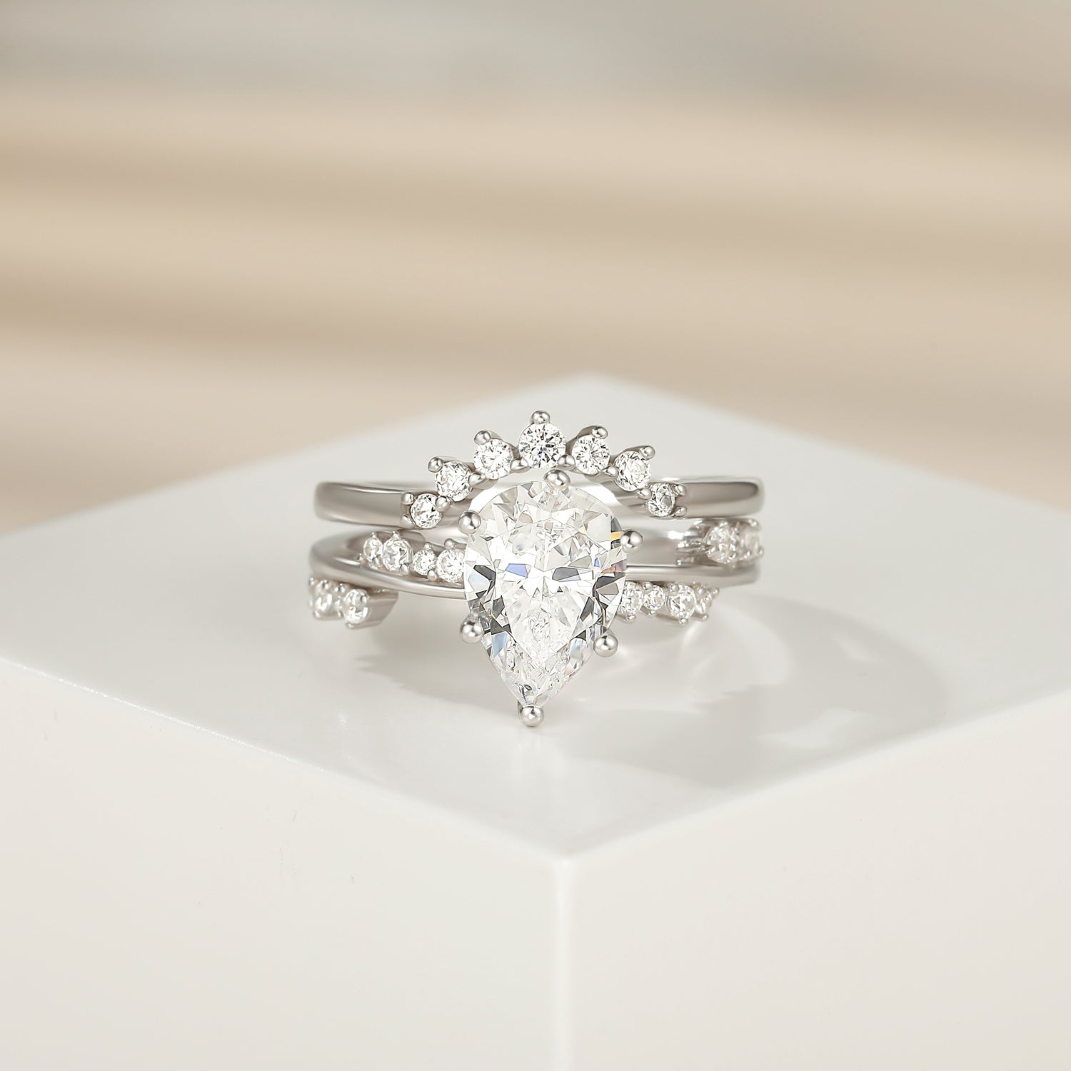 fake bridal set rings, pear cut ring, cubic zirconia ring, sterling silver ring, crown ring, cubic zirconia engagement ring, affordable jewelry, travel ring, CZ Stones, cheap wedding ring sets