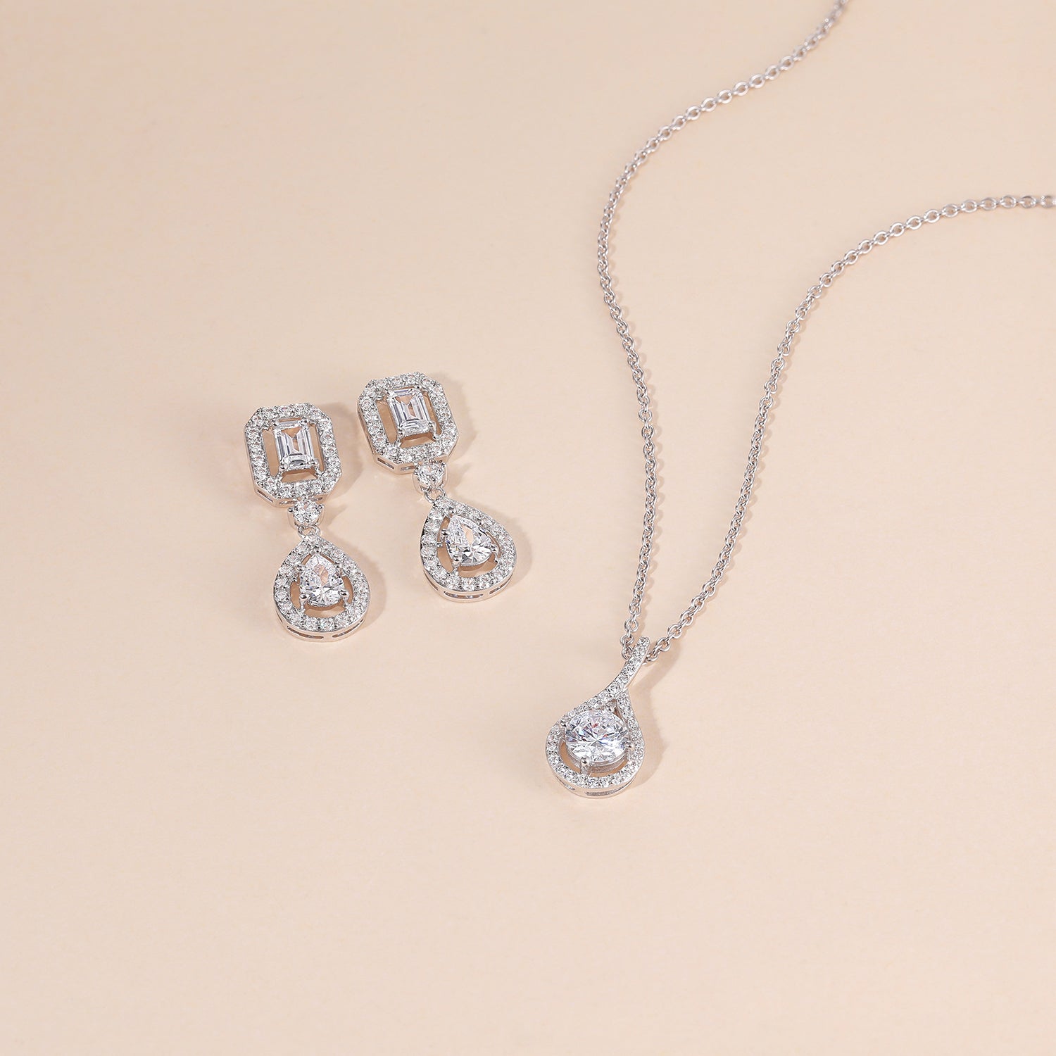 bridal set, bridal earrings, teardrop necklace for women, sterling silver necklace, silver gemstone necklace, cubic zirconia necklace, cz necklace, dainty necklace, teardrop, necklace and earrings set, sets bridal jewelry, wedding jewelry sets