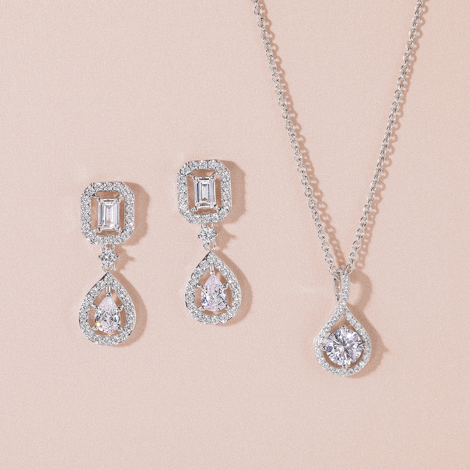 bridal set, bridal earrings, teardrop necklace for women, sterling silver necklace, silver gemstone necklace, cubic zirconia necklace, cz necklace, dainty necklace, teardrop, necklace and earrings set, sets bridal jewelry, wedding jewelry sets