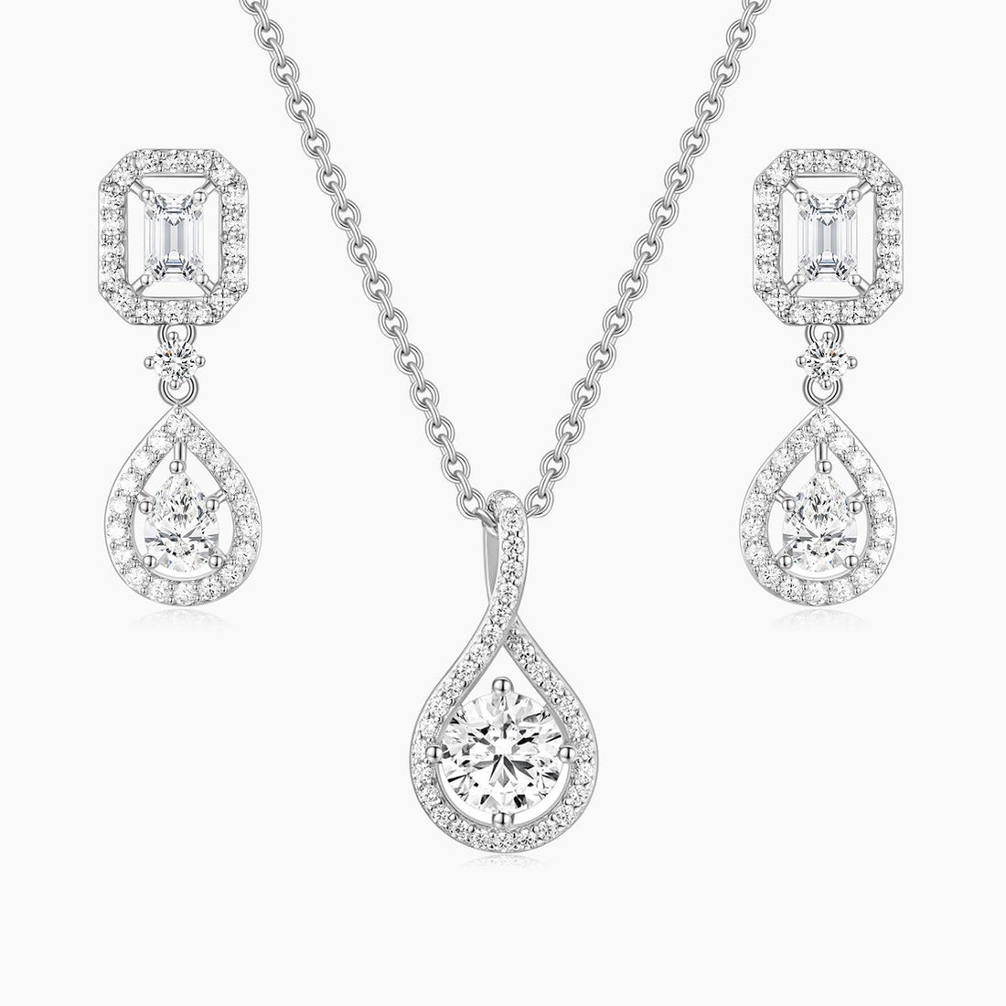 necklace and earrings set, pear cut, bridal set, cubic zirconia usa, affordable jewelry, wedding jewelry sets, cz wedding sets, teardrop, cz stones, 925 sterling silver, cz bridal sets