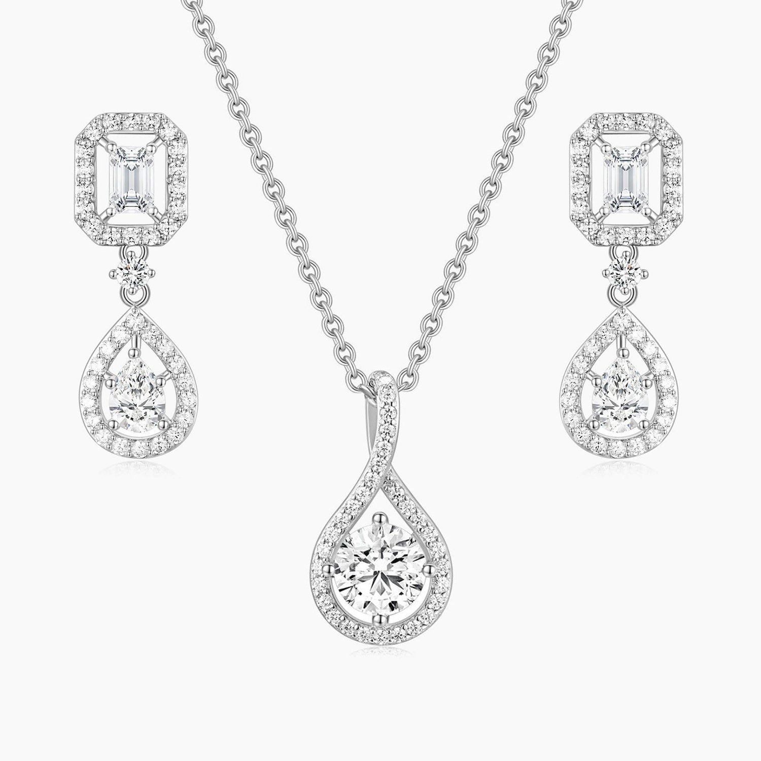 necklace and earrings set, pear cut, bridal set, cubic zirconia usa, affordable jewelry, wedding jewelry sets, cz wedding sets, teardrop, cz stones, 925 sterling silver, cz bridal sets