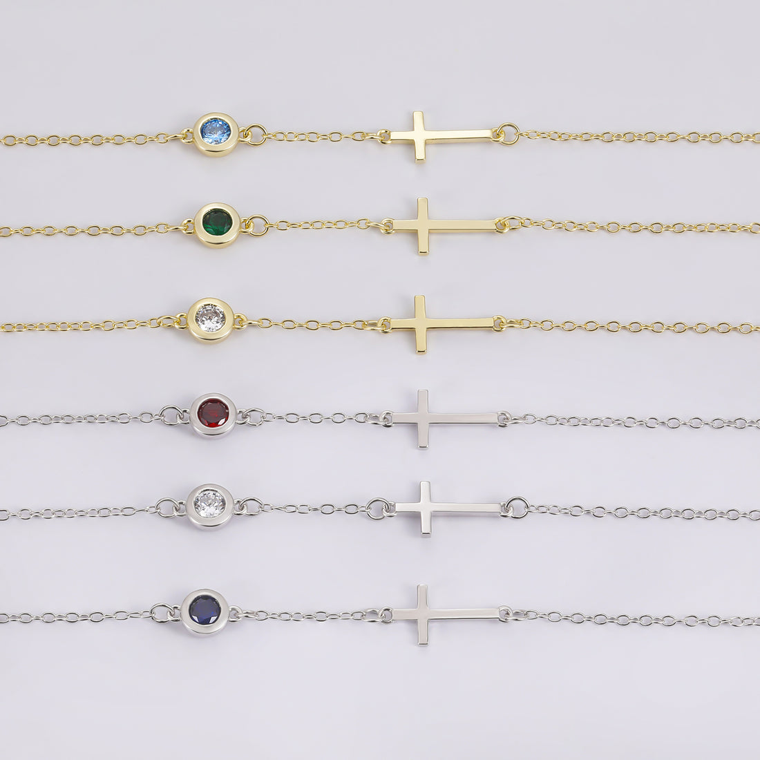 cross bracelet, birthstone bracelet, 925 silver, gold, cz stones, cubic zirconia bracelet
