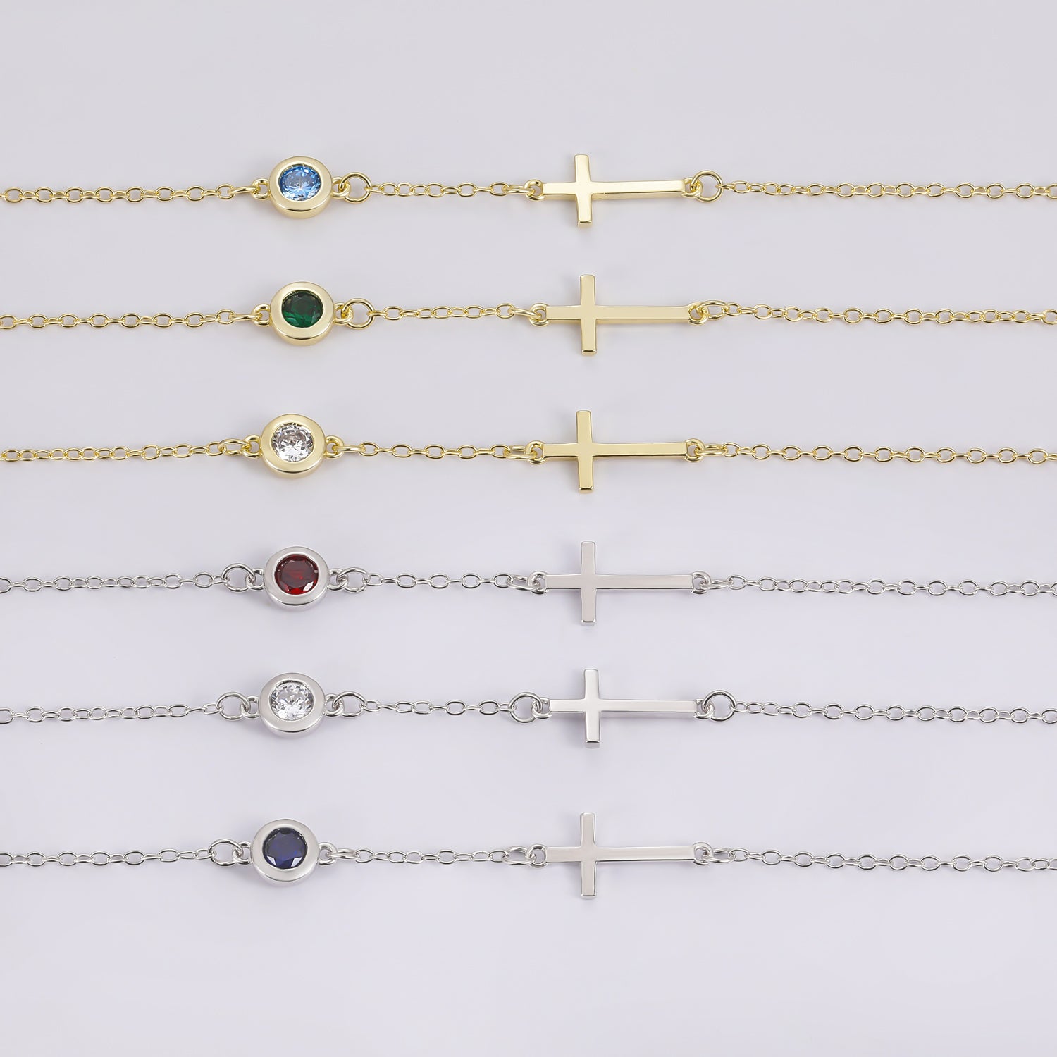 cross bracelet, birthstone bracelet, 925 silver, gold, cz stones, cubic zirconia bracelet