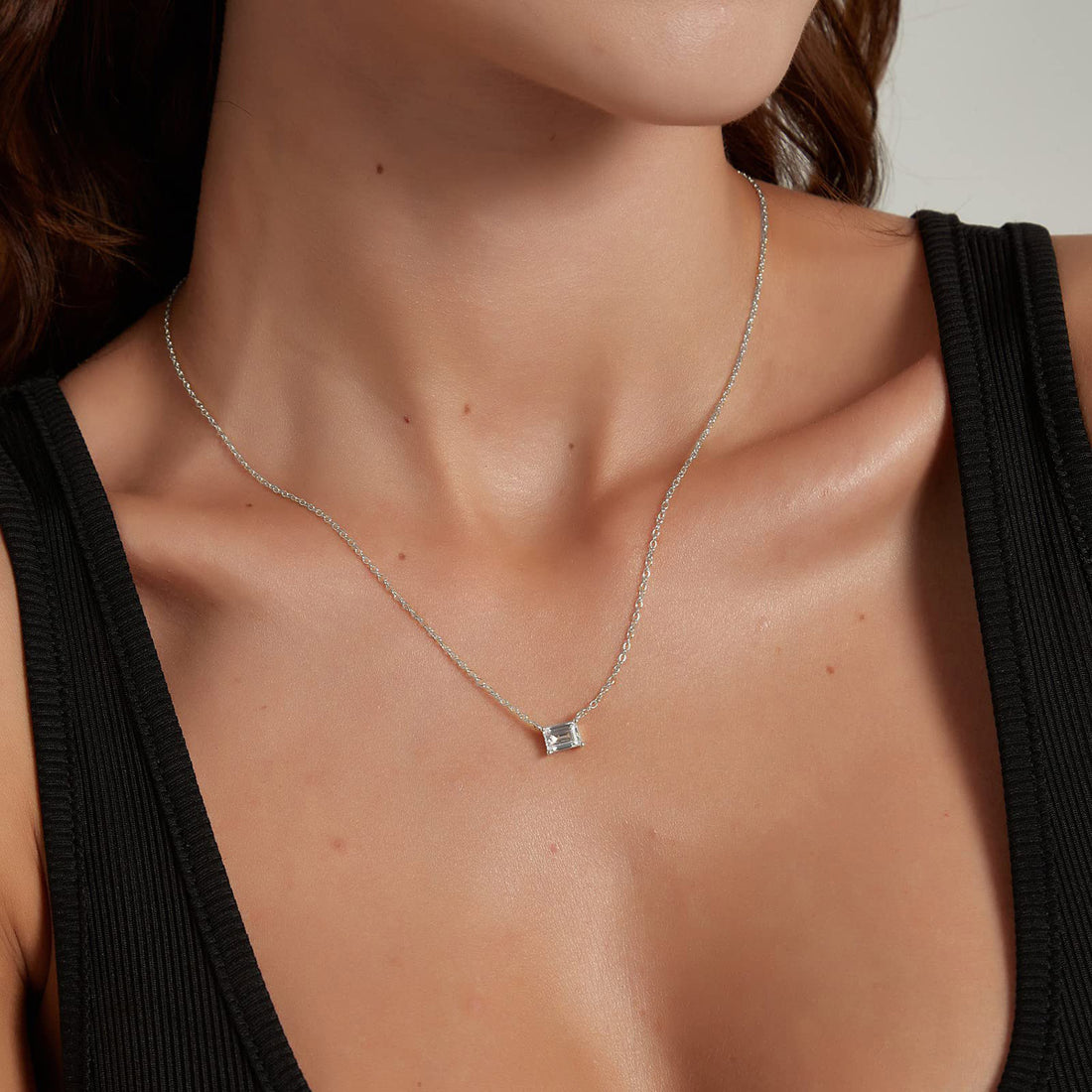 solitaire necklace for women, sterling silver necklace, silver gemstone necklace, cubic zirconia necklace, cz necklace, dainty necklace, emerald cut