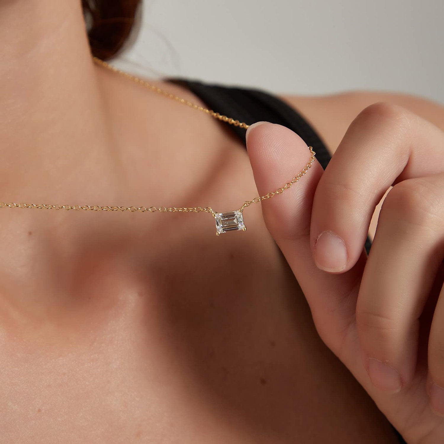 gold necklace, solitaire necklace for women, sterling silver necklace, silver gemstone necklace, cubic zirconia necklace, cz necklace, dainty necklace, emerald cut