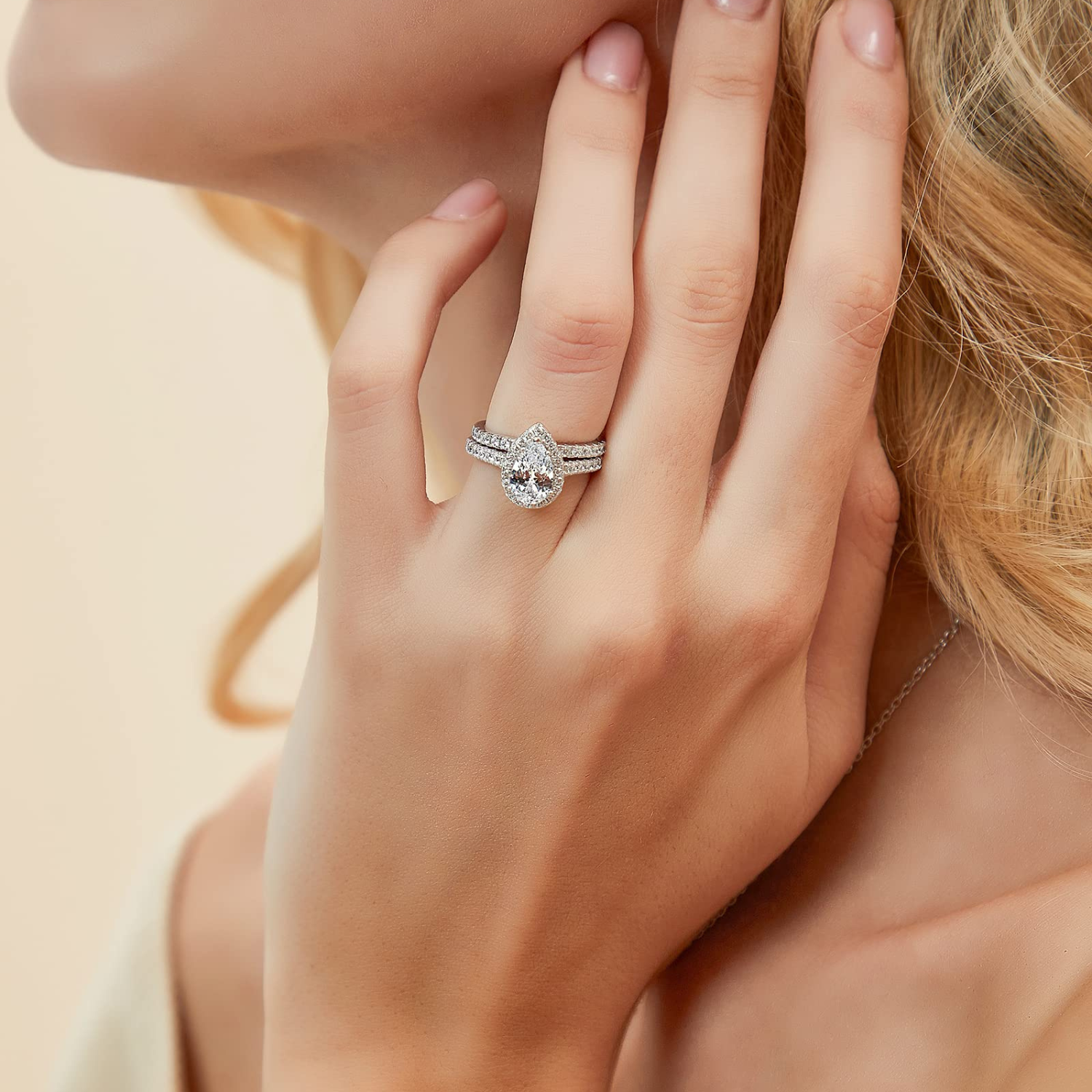 cz engagement ring set, cz bridal ring sets, travel ring, pear shaped wedding ring, fake bridal set rings, cheap bridal ring sets