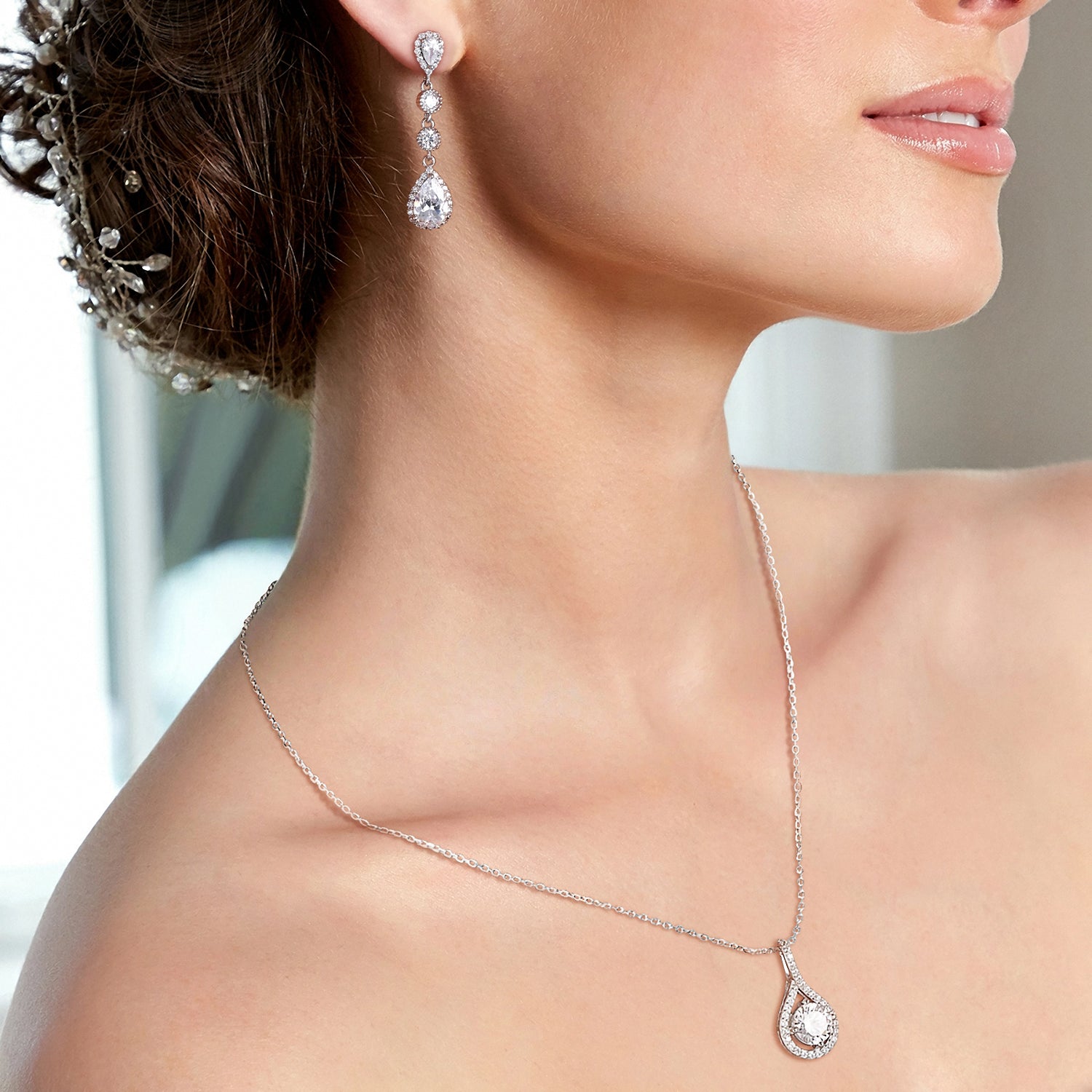 bridal set, cubic zirconia, affordable jewelry, wedding jewelry sets, cz wedding sets, teardrop, necklace and earrings set, 925 sterling silver