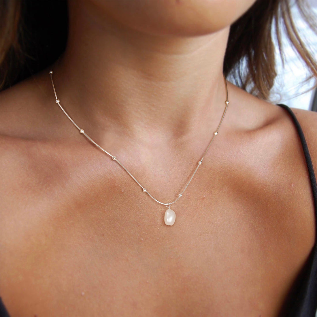 silver pearl necklace, bead chain necklace, fesh water pearl necklace