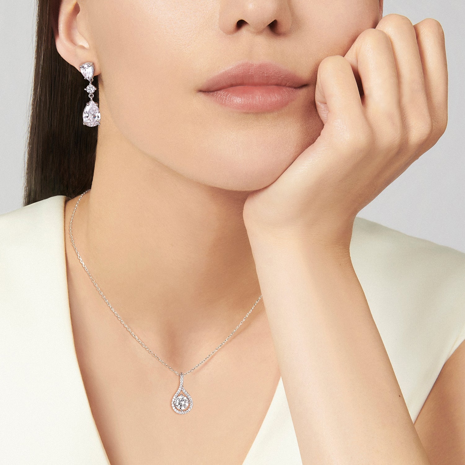 necklace and earrings set, pear cut, bridal set, cubic zirconia usa, affordable jewelry, wedding jewelry sets, cz wedding sets, teardrop, cz stones, 925 sterling silver, cz bridal sets