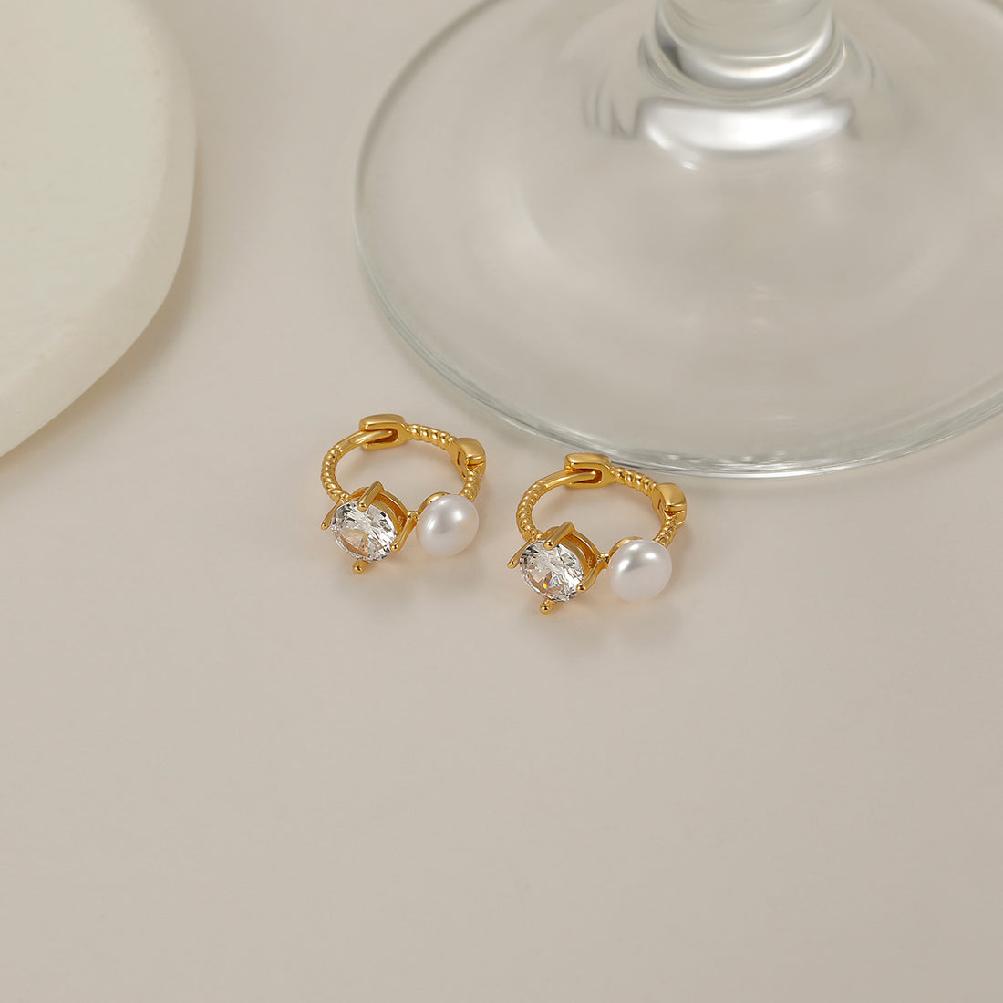 gold pearl earrings, huggies earrings, cz earring, pearl wedding earrings