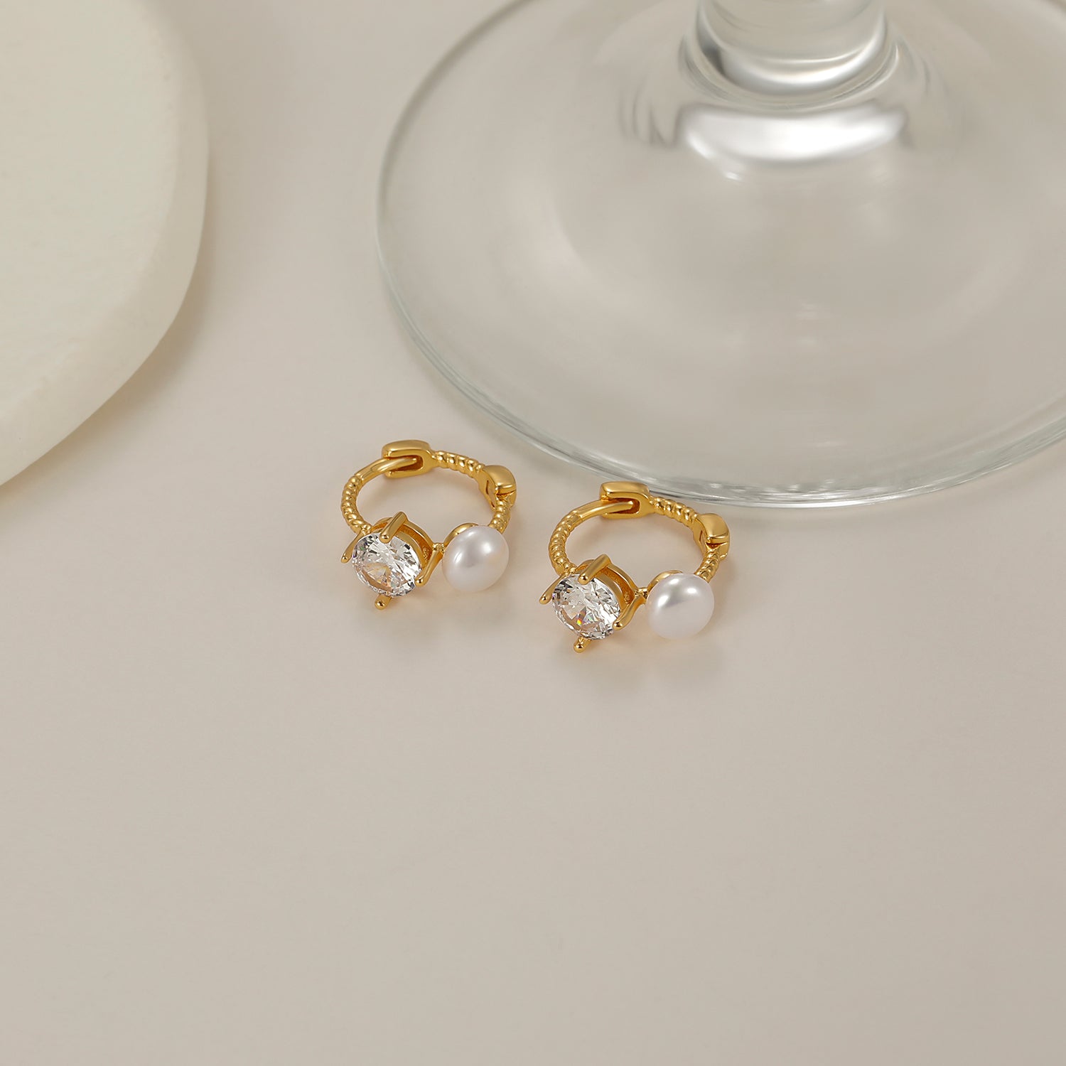 gold pearl earrings, huggies earrings, cz earring, pearl wedding earrings