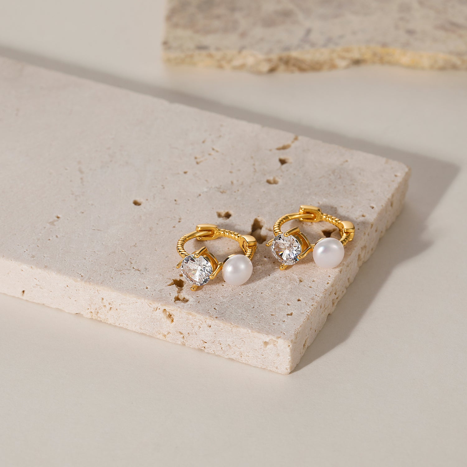 gold pearl earrings, huggie earrings, cz earring, pearl wedding earrings