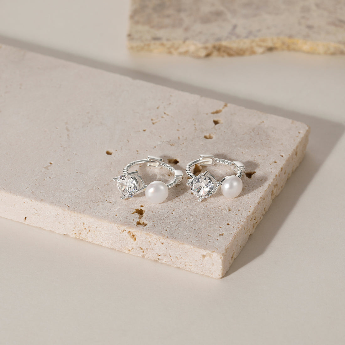 silver pearl earrings, huggie earrings, cz earring, pearl wedding earrings