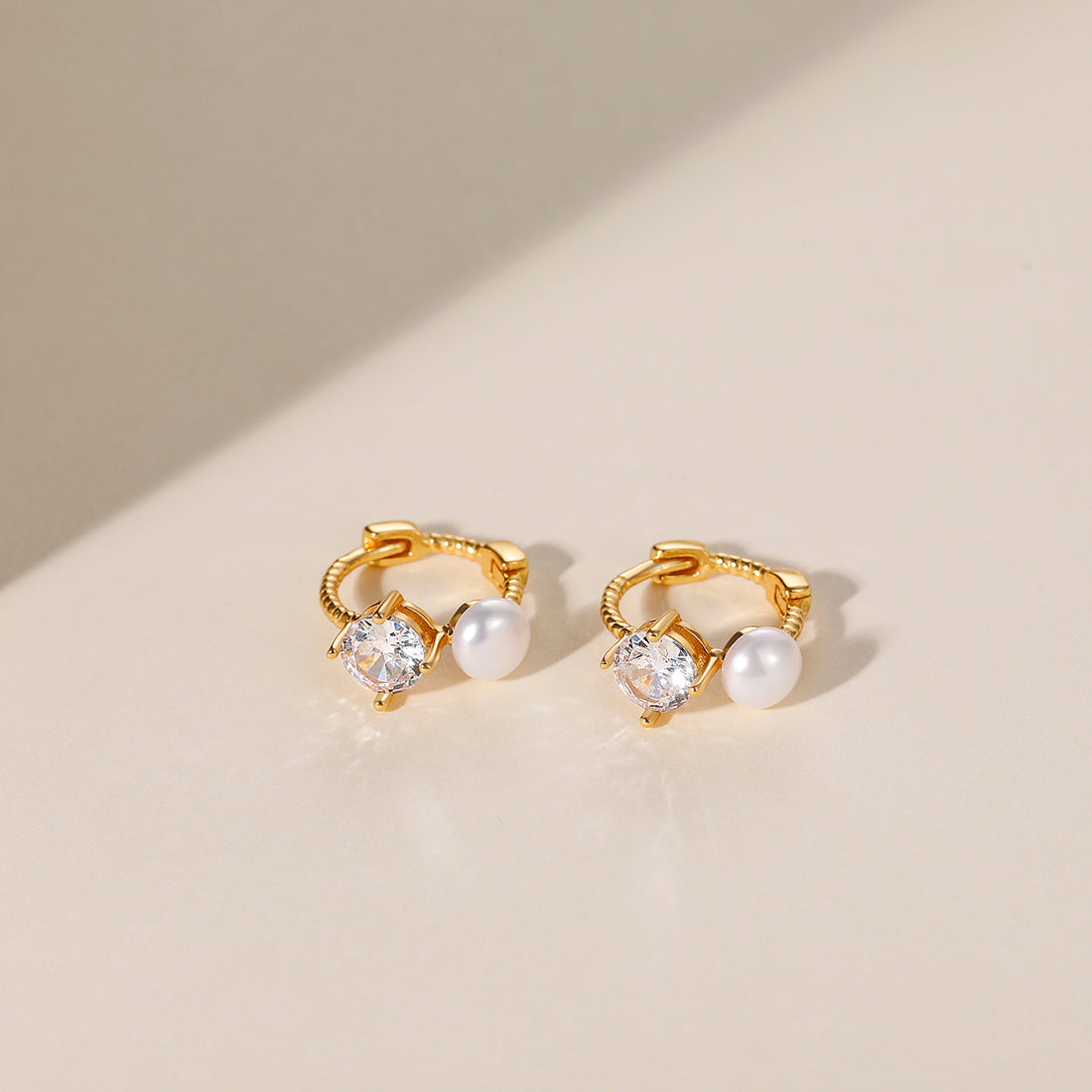 gold pearl earrings, huggies earrings, cz earring, pearl wedding earrings