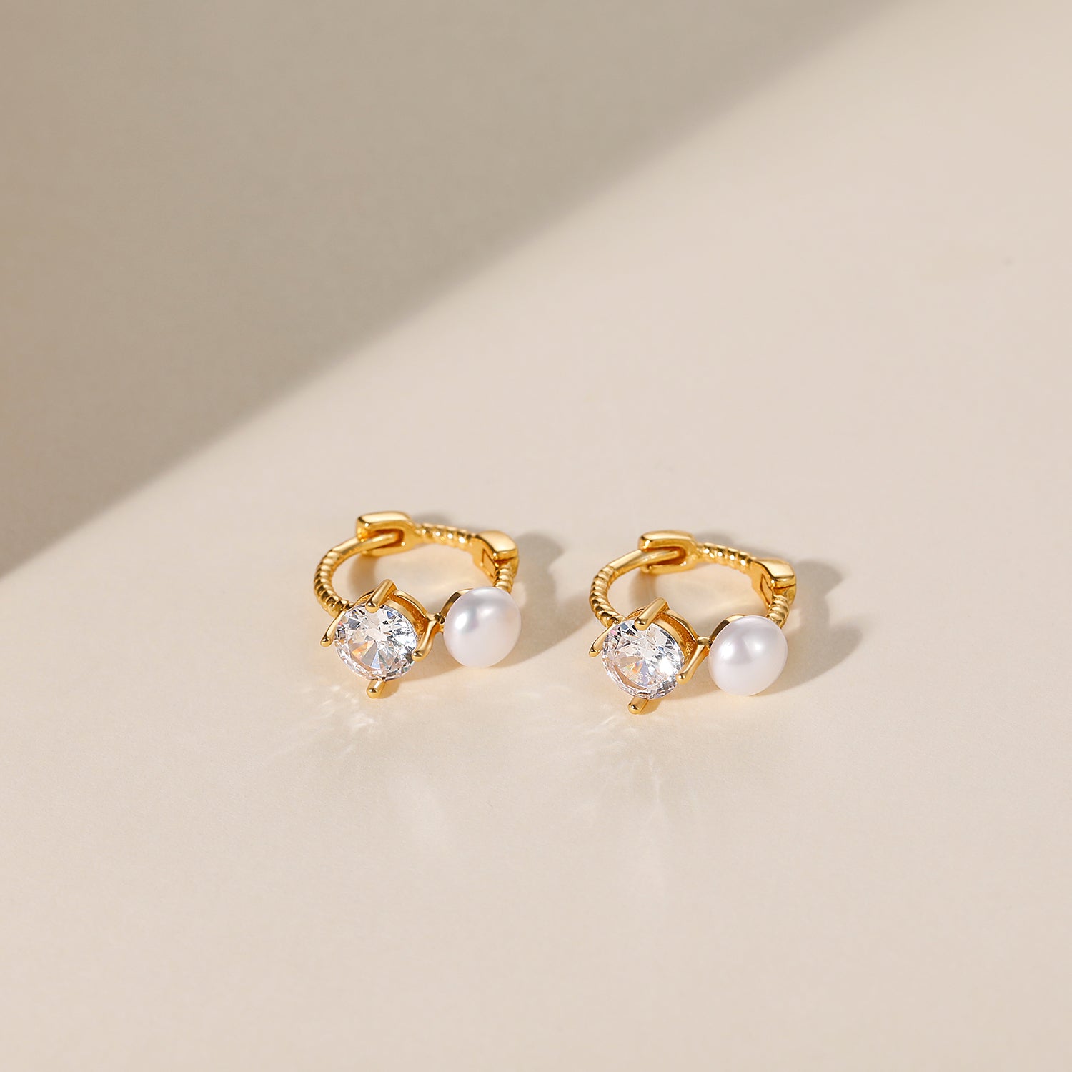 gold pearl earrings, huggies earrings, cz earring, pearl wedding earrings