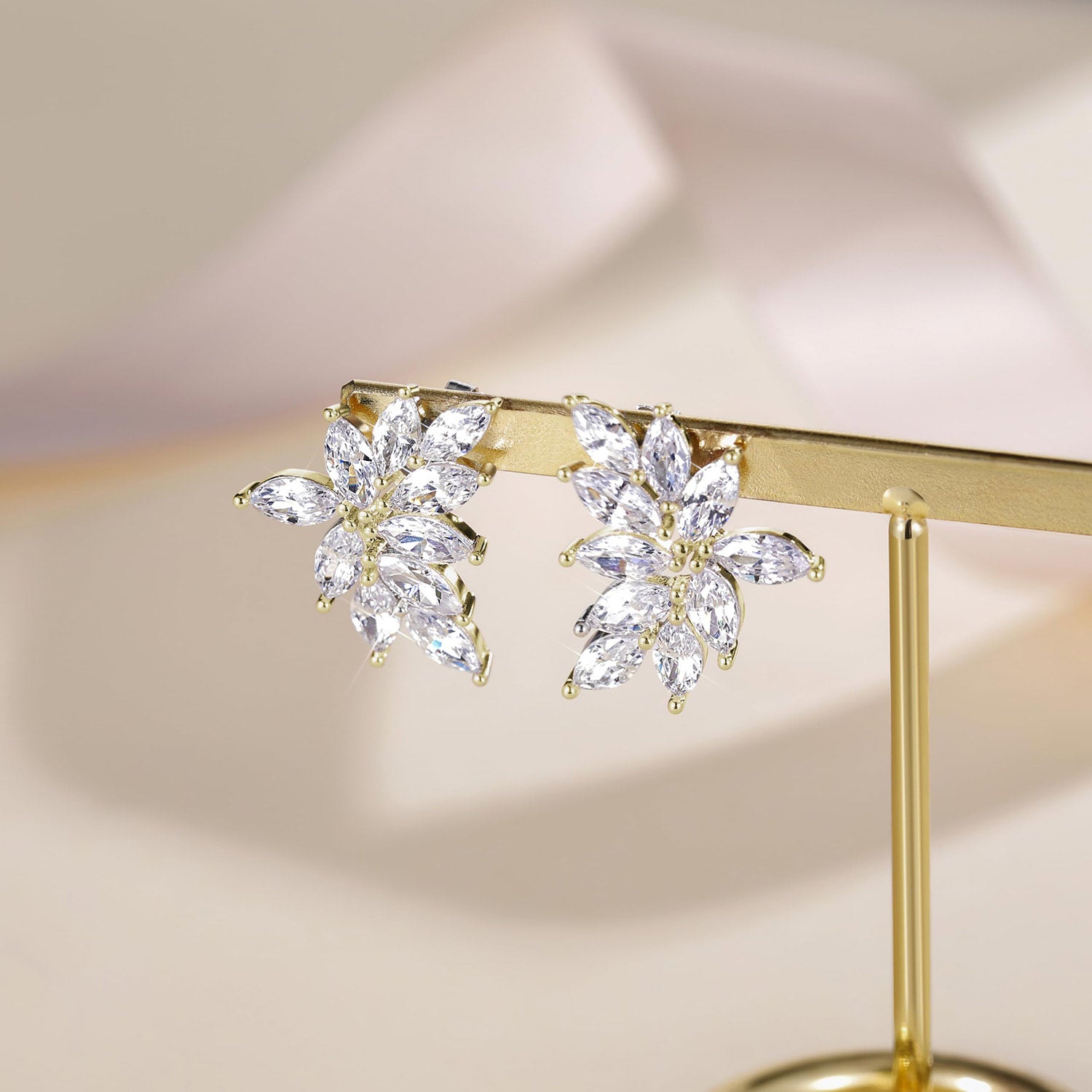 gold, marquise cut, cz stones, petite, stud earrings