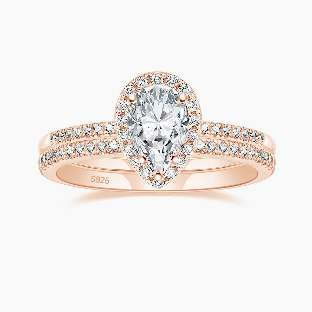 rose gold wedding ring sets, s925 ring sets, 2ct wedding rings for women, rose gold tear drop rings, s925 cz ring, cubic zirconia ring under $50, rose gold wedding rings