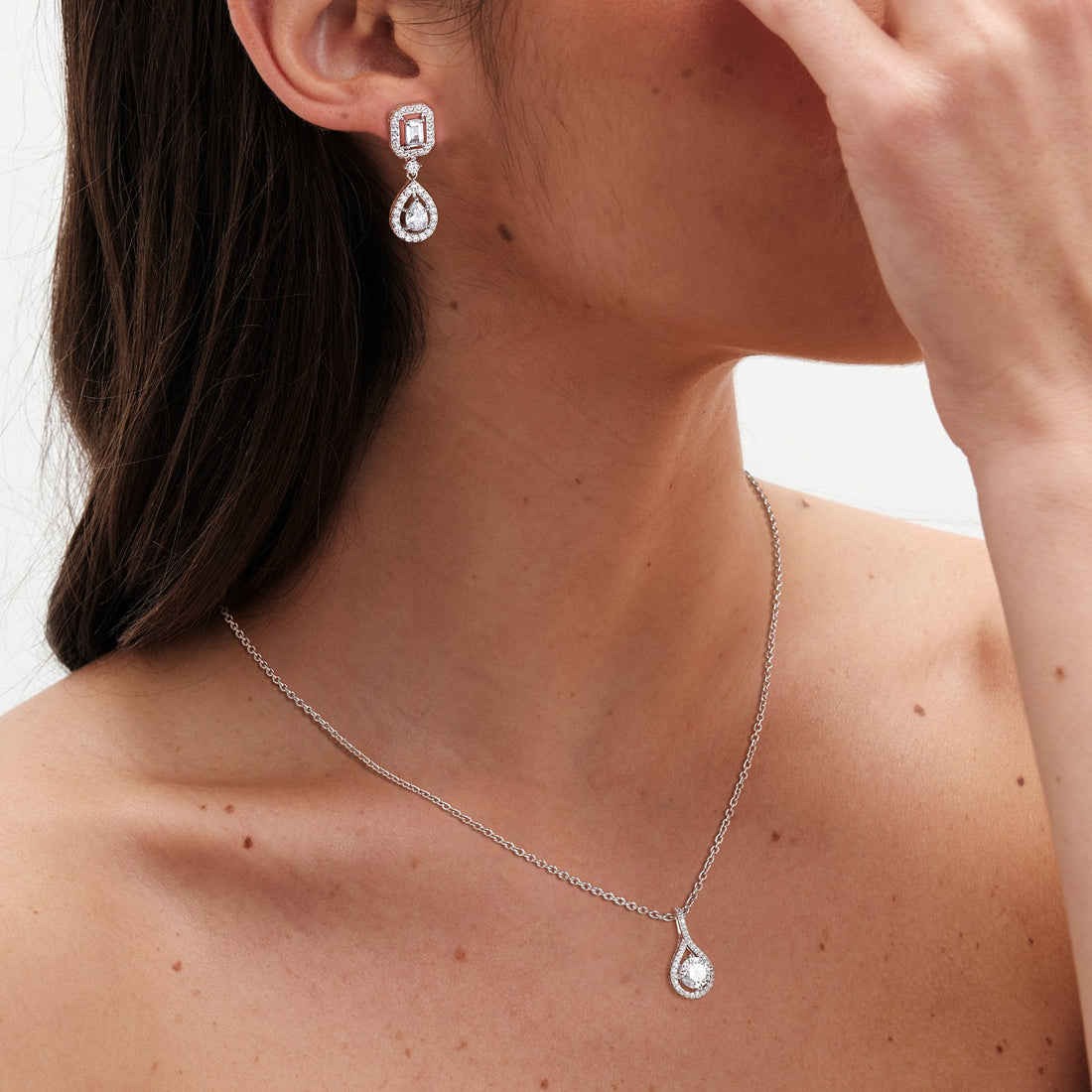 bridal set, bridal earrings, teardrop necklace for women, sterling silver necklace, silver gemstone necklace, cubic zirconia necklace, cz necklace, dainty necklace, teardrop, necklace and earrings set, sets bridal jewelry, wedding jewelry sets