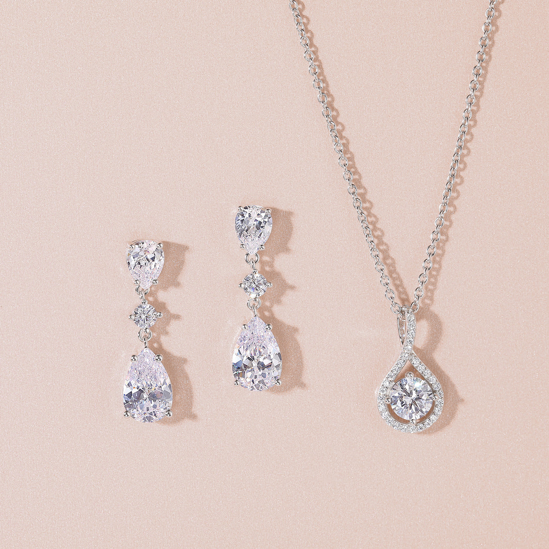 necklace and earrings set, pear cut, bridal set, cubic zirconia usa, affordable jewelry, wedding jewelry sets, cz wedding sets, teardrop, cz stones, 925 sterling silver, cz bridal sets