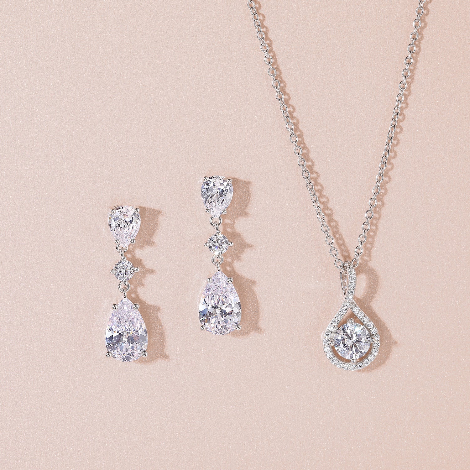 necklace and earrings set, pear cut, bridal set, cubic zirconia usa, affordable jewelry, wedding jewelry sets, cz wedding sets, teardrop, cz stones, 925 sterling silver, cz bridal sets