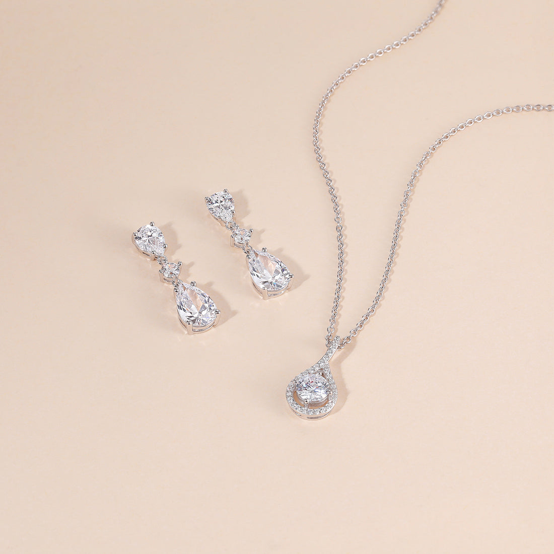 necklace and earrings set, pear cut, bridal set, cubic zirconia usa, affordable jewelry, wedding jewelry sets, cz wedding sets, teardrop, cz stones, 925 sterling silver, cz bridal sets