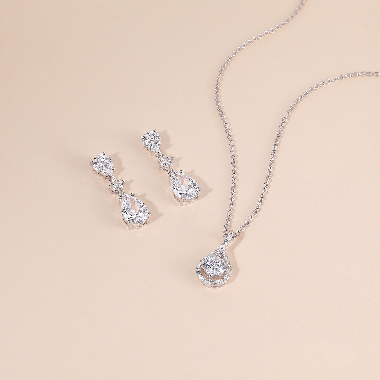 necklace and earrings set, pear cut, bridal set, cubic zirconia usa, affordable jewelry, wedding jewelry sets, cz wedding sets, teardrop, cz stones, 925 sterling silver, cz bridal sets