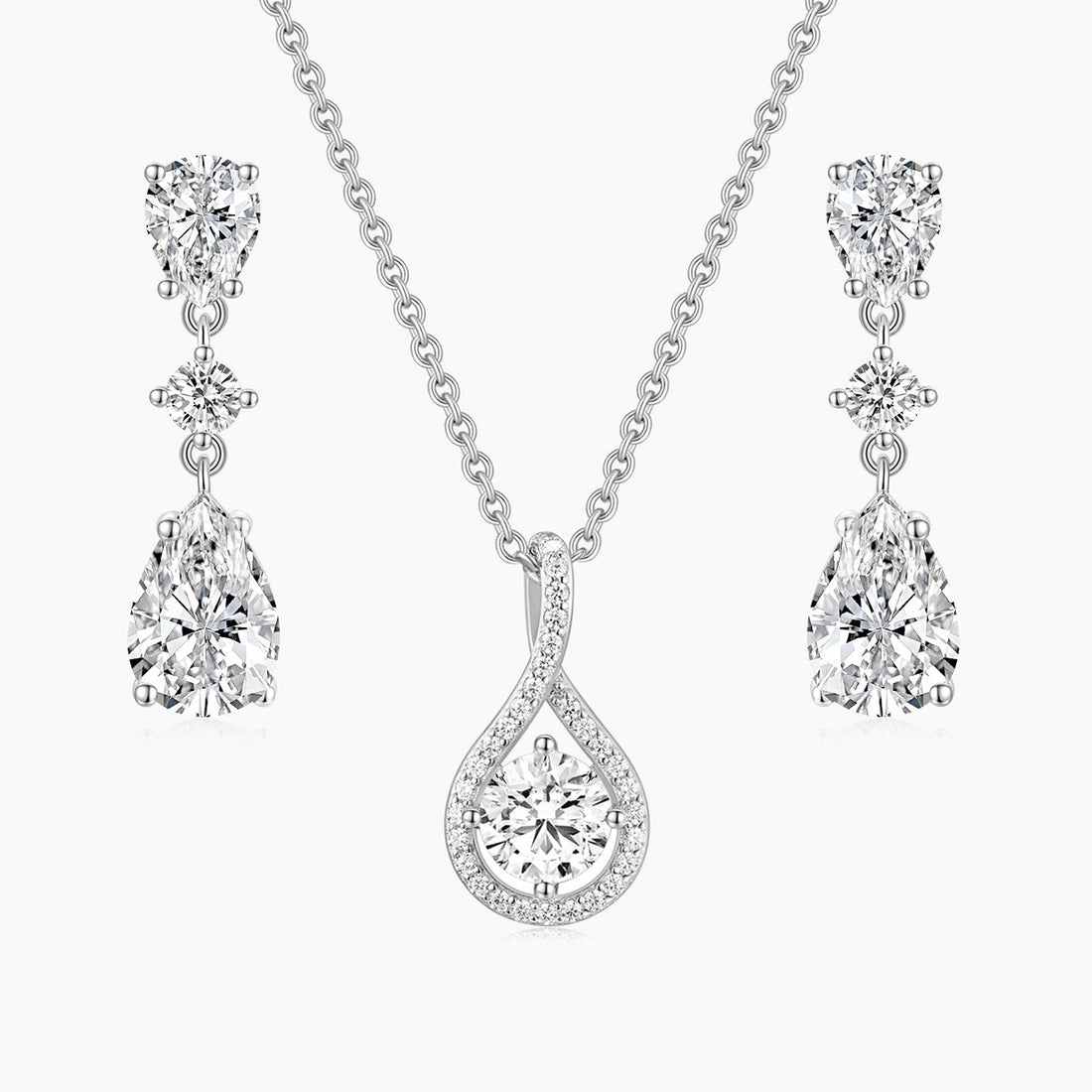 necklace and earrings set, pear cut, bridal set, cubic zirconia usa, affordable jewelry, wedding jewelry sets, cz wedding sets, teardrop, cz stones, 925 sterling silver, cz bridal sets
