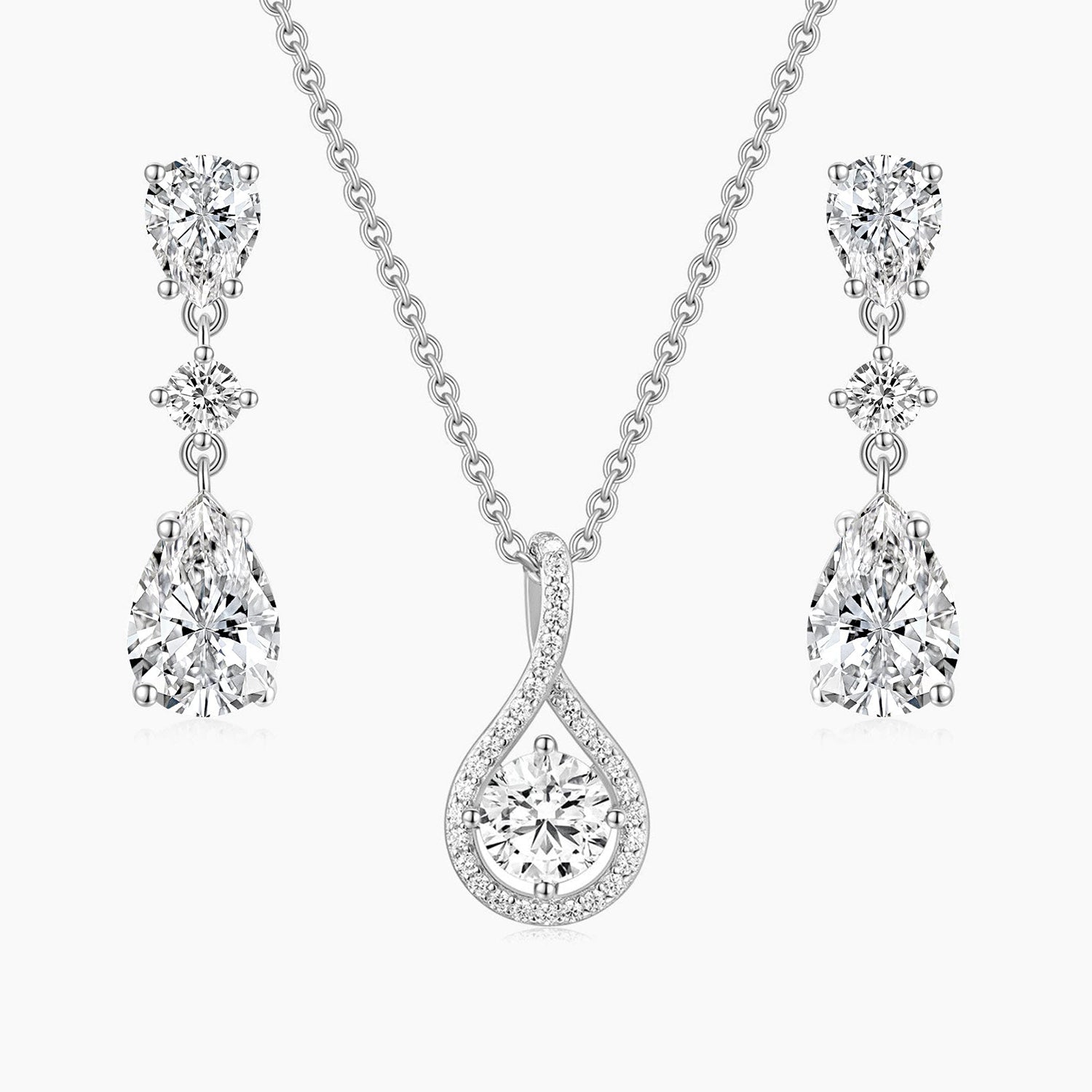necklace and earrings set, pear cut, bridal set, cubic zirconia usa, affordable jewelry, wedding jewelry sets, cz wedding sets, teardrop, cz stones, 925 sterling silver, cz bridal sets