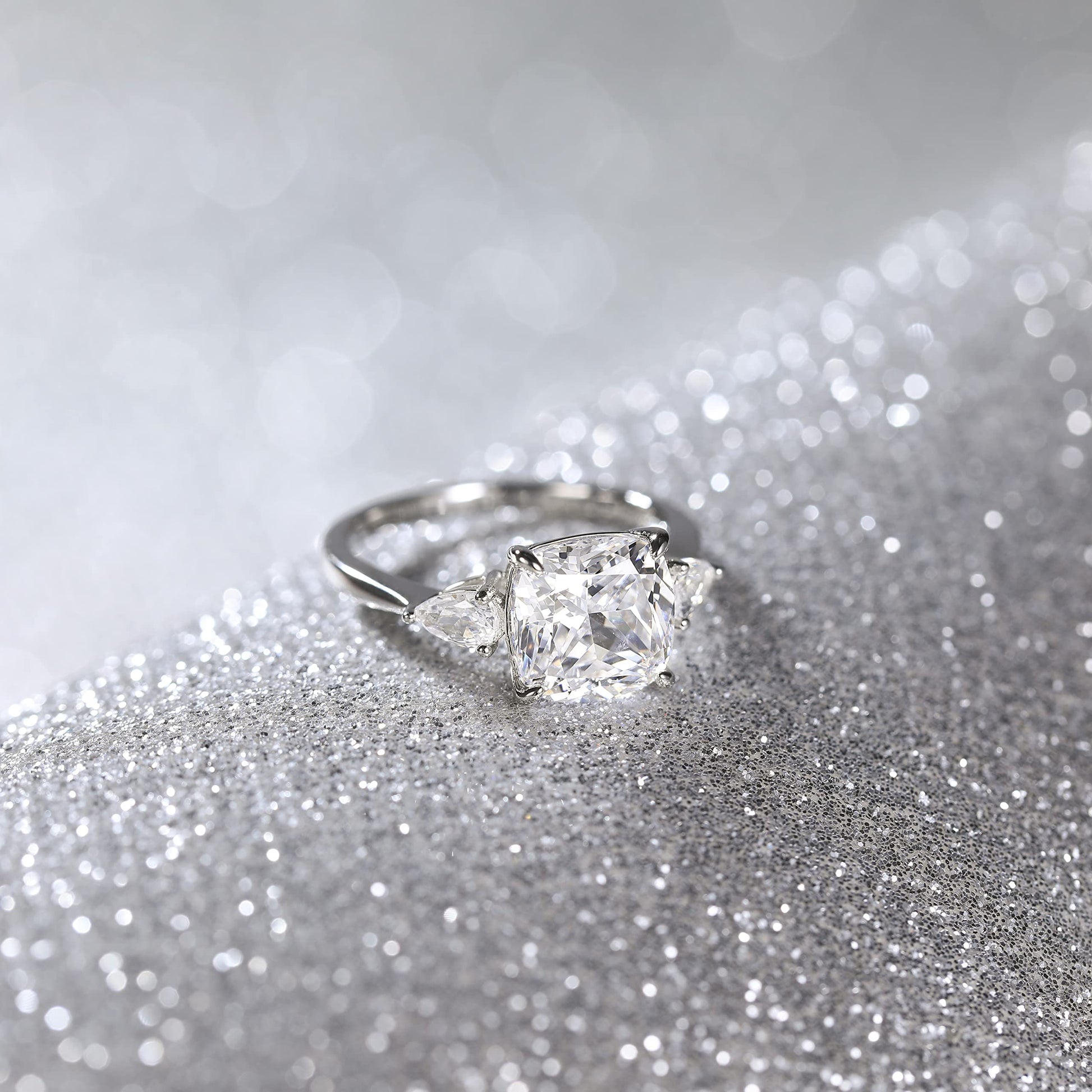 fake diamond ring, cz rings, 3 stone radiant rings, cubic zirconia wedding rings, sterling silver ring, travel ring
